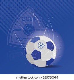 Colored background with a soccer ball and a soccer emblem. Vector illustration