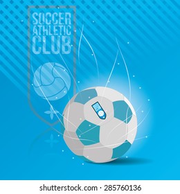 Colored background with a soccer ball and a soccer emblem. Vector illustration