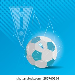 Colored background with a soccer ball and a soccer emblem. Vector illustration