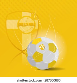 Colored background with a soccer ball and a soccer emblem. Vector illustration