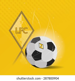 Colored background with a soccer ball and a soccer emblem. Vector illustration