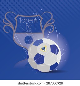 Colored background with a soccer ball and a soccer emblem. Vector illustration