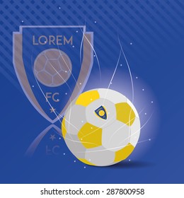 Colored background with a soccer ball and a soccer emblem. Vector illustration