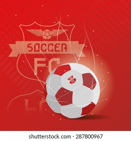 Colored background with a soccer ball and a soccer emblem. Vector illustration