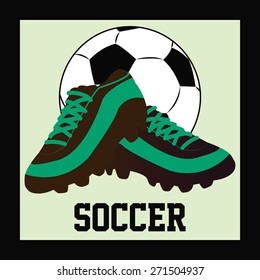 Colored background with a soccer ball, soccer shoes and text. Vector illustration