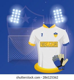 Colored background with a lot of soccer elements. Vector illustration