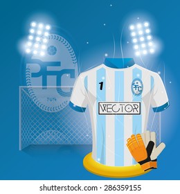 Colored background with a lot of soccer elements. Vector illustration