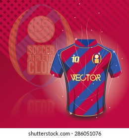 Colored background with a soccer shirt and a soccer emblem. Vector illustration