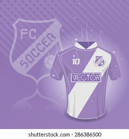 Colored background with a soccer shirt and a soccer emblem. Vector illustration