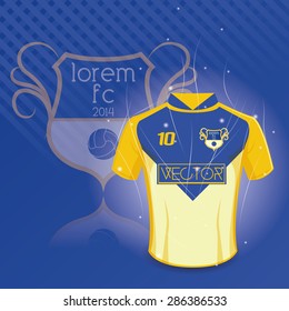 Colored background with a soccer shirt and a soccer emblem. Vector illustration