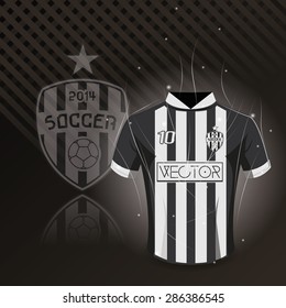 Colored background with a soccer shirt and a soccer emblem. Vector illustration