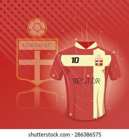 Colored background with a soccer shirt and a soccer emblem. Vector illustration