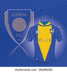 Colored background with a soccer shirt and a soccer emblem. Vector illustration
