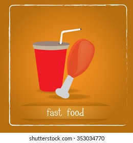 Colored background with a soda, a roasted chicken and text