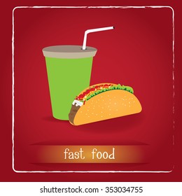 Colored background with a soda, a taco and text