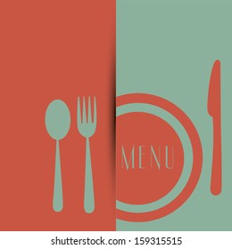 a colored background with some utensils and a dish with text for menu design