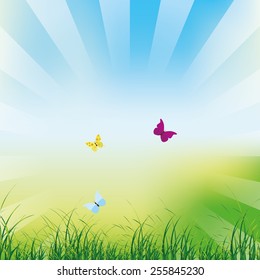 a colored background with a spring landscape and butterflies