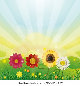 un fondo de colores con un paisaje primaveral y flores