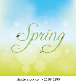 a colored background with a spring landscape and text