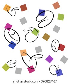 Colored background. Squares, calligraphic strokes