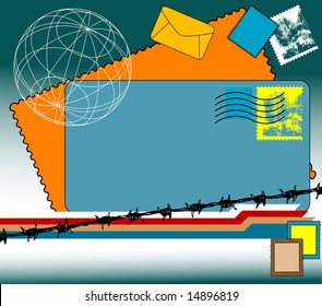 Colored background with stamps, envelopes, barbed wire shape and abstract globe