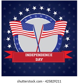 Colored background with stars and a banner with a pair of american flags and text