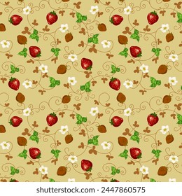 Colored background with strawberries.Vector seamless pattern with red strawberries and flowers on a colored background.