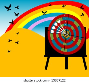 Colored background with target board on blackboard, white arrows, rainbow and butterflies flying