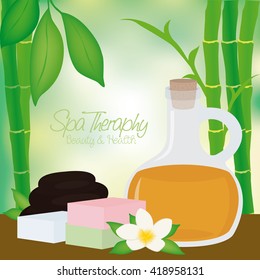 Colored background with text, bamboo and some spa objects as soaps and a flask of lotion