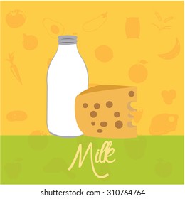 Colored background with text and a bottle of milk and cheese. Vector illustration