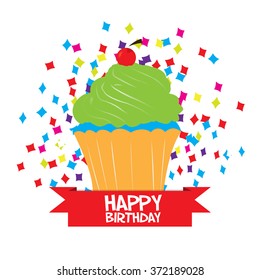 Colored background with text and a cupcake for a birthday