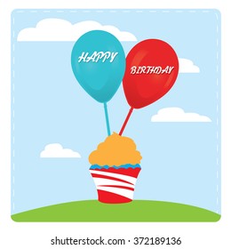 Colored background with text and a cupcake for a birthday