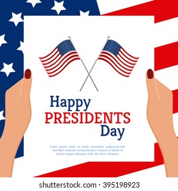 Colored background with text and flags for president's day