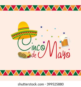 Colored background with text and a group of traditional mexican objects