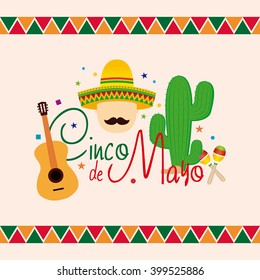 Colored background with text and a group of traditional mexican objects