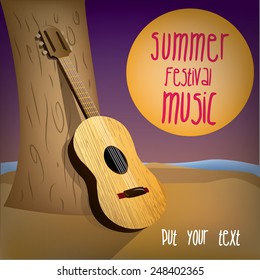 a colored background with text and a guitar on the beach