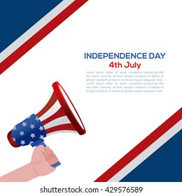 Colored background with text and a hand holding a megaphone for independence day celebrations