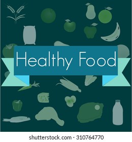Colored background with text and healthy food. Vector illustration