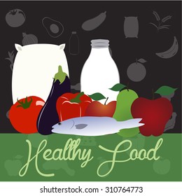 Colored background with text and healthy food. Vector illustration
