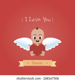Colored background with text, a heart and an angel. Vector illustration