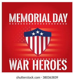 Colored background with text, a heraldry shield and the american flag for memorial day