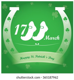 Colored background with text, a horseshoe and a pair of shoes for patrick's day