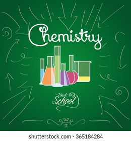 Colored background with text and isolated school supplies