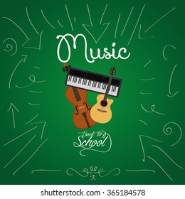 Colored background with text and isolated school supplies