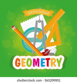 Colored background with text and isolated school supplies