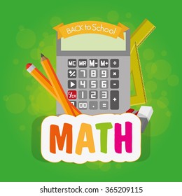 Colored background with text and isolated school supplies