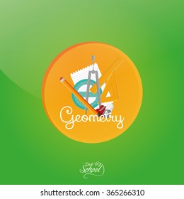 Colored background with text and isolated school supplies