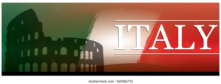 Colored background with text, the italian flag and a silhouette of the coliseum