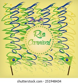 a colored background with text, a pair of brazilian flags and ornaments for carnival