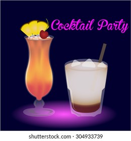 Colored background with text and a pair of cocktails. Vector illustration